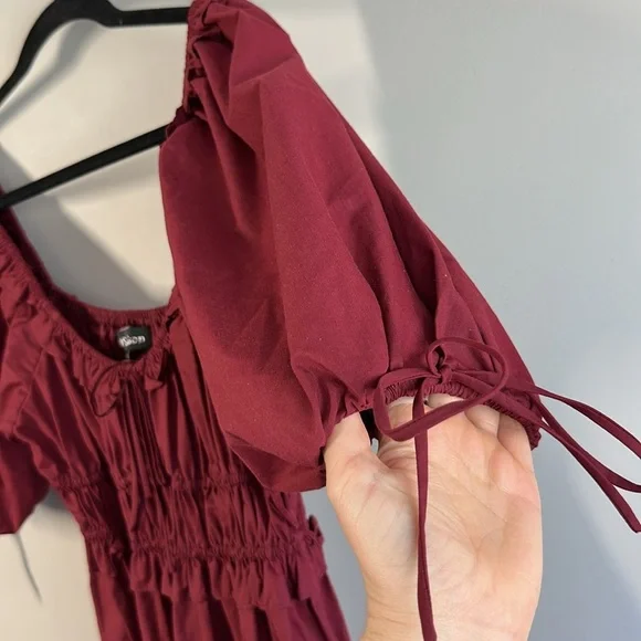 En Saison Maroon Puff Sleeve Tiered Cotton Midi Dress M Cottagecore Milkmaid - Picture 14 of 16